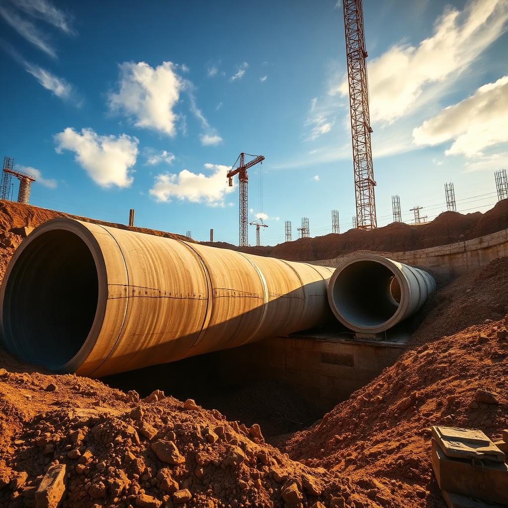 Sistema de drenagem com galerias de concreto sendo instaladas